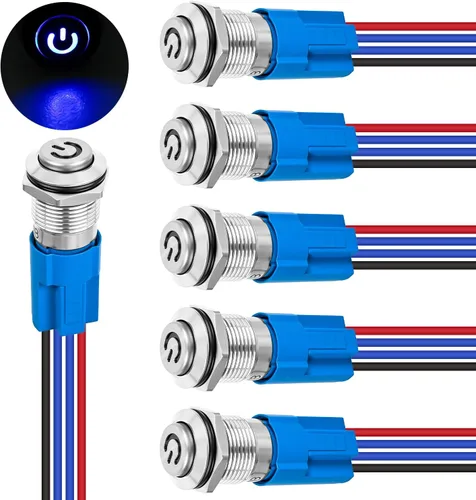 Vista 16 de Nilight Interruptor de botón de 0.472 in, 5 unidades con arnés precableado de acero inoxidable de 12 V 24 V, bloqueo automático, interruptores 5