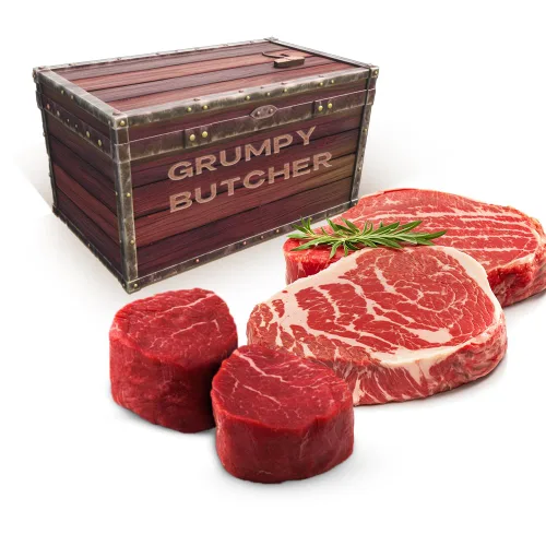 Vista 8 de Caja de regalo de 4 filetes Grumpy Butcher – 2 filetes de entrecot (12 oz) y 2 filetes de solomillo superior (6 oz) – Sampler de carne Angus
