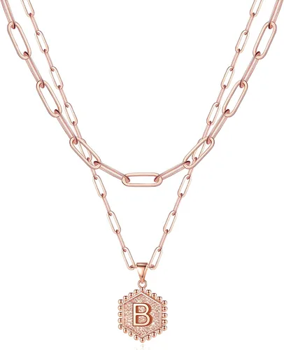 Vista 56 de M MOOHAM - Delicado collar de oro para mujer, de 14 quilates, en capas, lindos collares con letra hexagonal con inicial para mujer, regalos