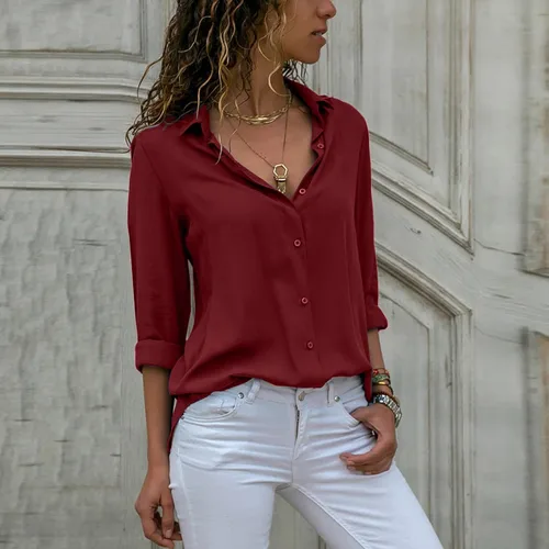 Vista 2 de Camisetas de manga larga con botones para mujer, color sólido, blusa enrollable, ajuste holgado, casual, a la moda