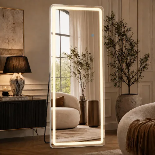 Vista 6 de Espejo arqueado de longitud completa de 71 x 26 pulgadas con luces LED, espejo de suelo con soporte, espejo de pared de longitud completa, espejo