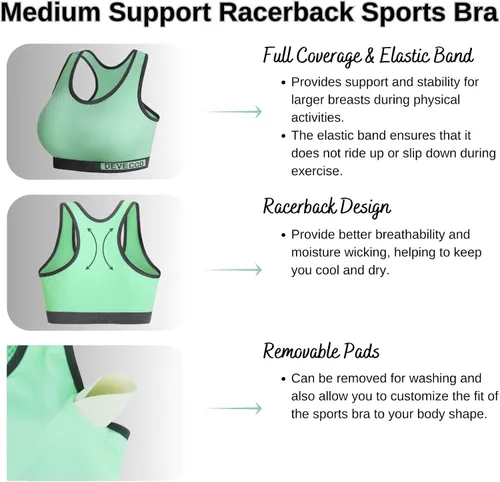 Vista 6 de DEVECCO Racerback Sports Bras for Women Medium Support Wireless Padded Full Coverage Workout Bra 4 Pack
