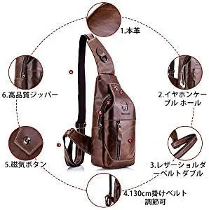 Vista 5 de Bolso bandolera de cuero genuino para hombre, mochila cruzada para el hombro, resistente al agua, antirrobo, para viajes, senderismo, escuela, Marrón