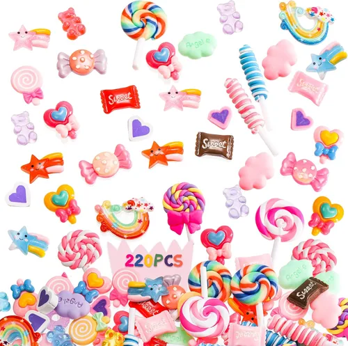 Vista 4 de ZOOFOX 220 dijes de limo de resina, dijes de caramelo falso, dijes de uñas de caramelo Kawaii, adornos surtidos de dulces para manualidades