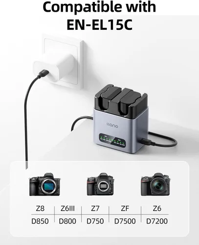 Vista 4 de llano Paquete de 2 baterías EN-EL15C y cargador rápido de 20 W para Nikon Z8, Z7II, ZR, Z5II, ZF, Z6III, D850, Z7, Z6II, Z6, D7500, D750, D7200