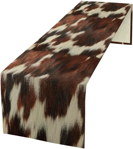 Vista 43 de Camino de mesa con estampado de piel de vaca, lino y algodón, rústico, estilo occidental, color negro, marrón, piel de vaca, para decoración