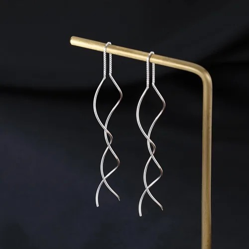 Vista 6 de Reffeer Pendientes sólidos de plata de ley 925 con borla curvada doble lineal para mujeres y adolescentes