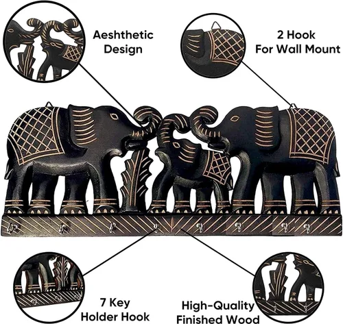 Vista 4 de Llavero de madera – Organizador decorativo para llaves de elefante montado en la pared con 6 ganchos – Estante para llaves para cocina, Ofiice