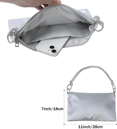 Vista 4 de Bolso de noche de satén para mujer, bolso de hombro con correa de diamantes de imitación para boda, fiesta, baile de graduación, Negro