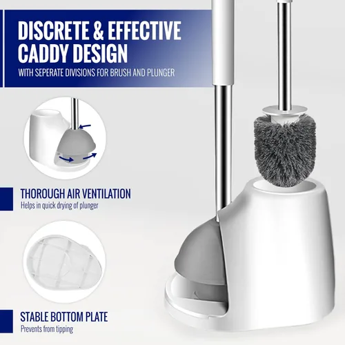 Vista 6 de True Fresh Juego de escobilla y émbolo de inodoro con soporte - Cepillo de acero inoxidable y émbolo de inodoro para servicio pesado - Combo