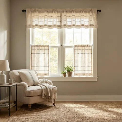 Vista 4 de Piper Classics Farmcloth Stripe Tiers, Set/2, 24 pulgadas de largo x 36 W, granja rústica, crema natural con rayas negras, cortinas de café