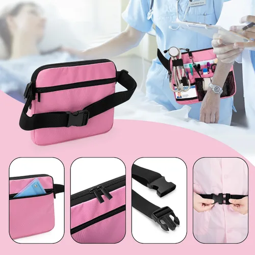 Vista 4 de Damero - Cangurera para enfermera con bolsillos para equipos médicos y soporte para cinta, color rosa