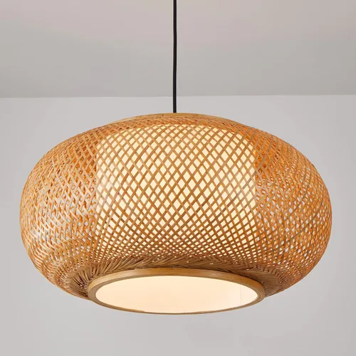 Vista 5 de Lámpara colgante de bambú rústica, luz colgante de tejido de cesta de 38 cm.