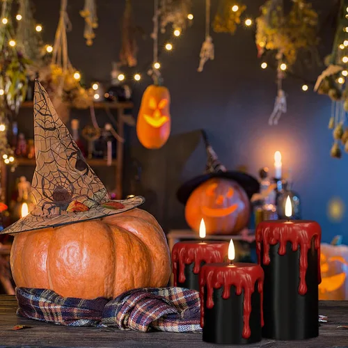 Vista 4 de Wondise Velas de Halloween sin llama con temporizador de 6 horas, velas LED negras de cera real que gotean a pilas, mecha 3D, parpadeante
