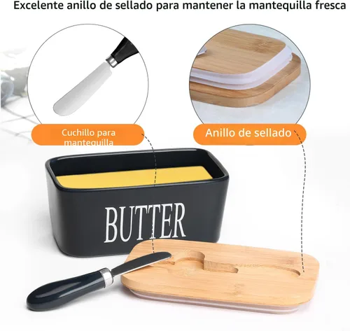 Vista 3 de Mantequillera de cerámica con tapa de madera, contenedor grande de mantequilla con esparcidor de cuchillo de acero inoxidable, cubierta de bambú