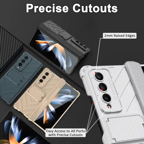 Vista 5 de Miimall Funda compatible con Galaxy Z Fold 4, Fold 4 con protección de bisagra, protector de pantalla de vidrio templado, soporte ajustable, fundas