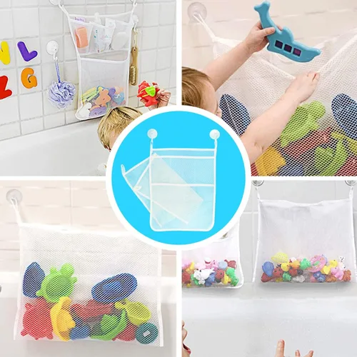 Vista 6 de 2 bolsas de malla para juguetes de bañera, organizador de juguetes de baño de 18 x 14 pulgadas, 4 ganchos ultra fuertes, color blanco