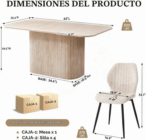 Vista 2 de Juego de 4 mesas de comedor grandes de 63 pulgadas para 4, esquinas redondeadas, mesa de cocina rectangular moderna de madera con sillas Boucle