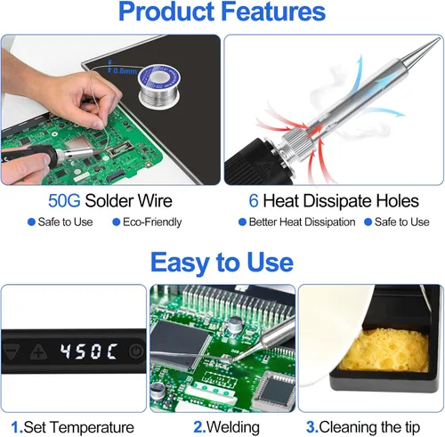Vista 5 de 120W LED Soldador Kit 7s Calentamiento Rápido Temperatura Ajustable 356-968 Amarillo