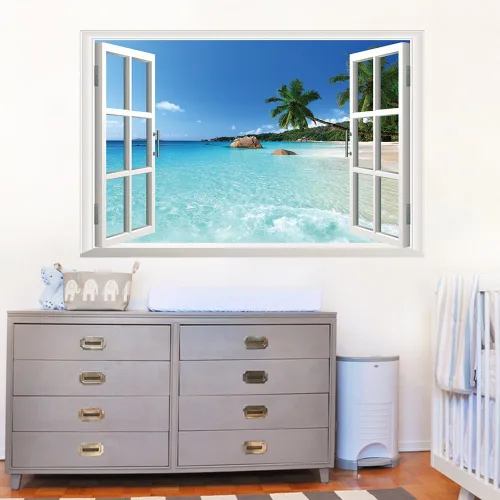 Vista 2 de 3D gran playa mar extraíble Pared Vinilo calcomanía Para Sala De Estar, recámara, ventana de comedor