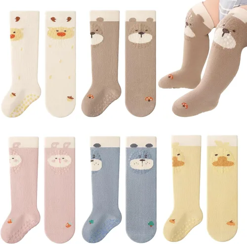 Vista 11 de Calcetines antideslizantes hasta la rodilla para bebés y niños pequeños, calcetines antideslizantes para recién nacidos, 5 pares