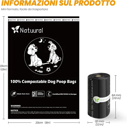 Vista 2 de Bolsas compostables certificadas para excremento de perro, 270 bolsas de 18 rollos, bolsas para excrementos para perros hechas de almidón de maíz