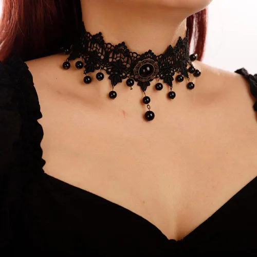 Vista 4 de Elegante collar de encaje negro vintage con flores a juego ligero para mujeres y niñas, gargantilla de piedra bohemia para adolescentes, niñas