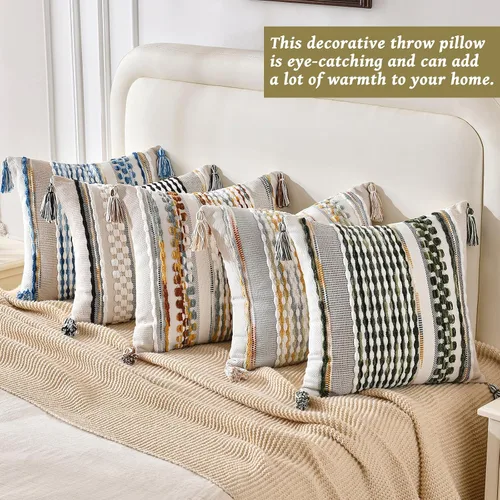 Vista 4 de AmHoo - Fundas de almohada de 18 x 18 pulgadas con borlas, fundas de almohada decorativas tejidas con textura de chenilla estilo boho para sofá
