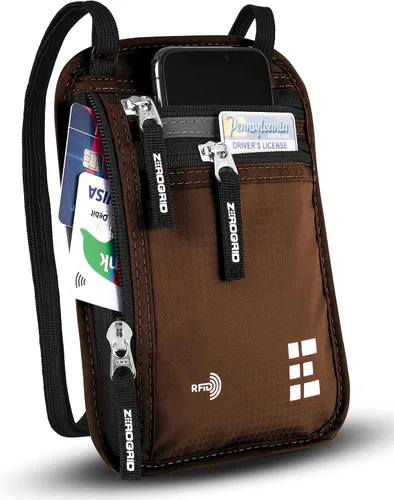 Vista 15 de Cartera para el cuello para viajes y pasaporte con bloqueo RFID, delgada y fácil de ocultar, bolsa de viaje de nailon para hombres y mujeres
