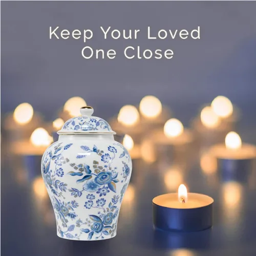 Vista 7 de Urna de rosa azul para cenizas para adultos, de 10 pulgadas, 160 libras, de cerámica, decorativa, conmemorativa, grande, capacidad de 160 pulgadas