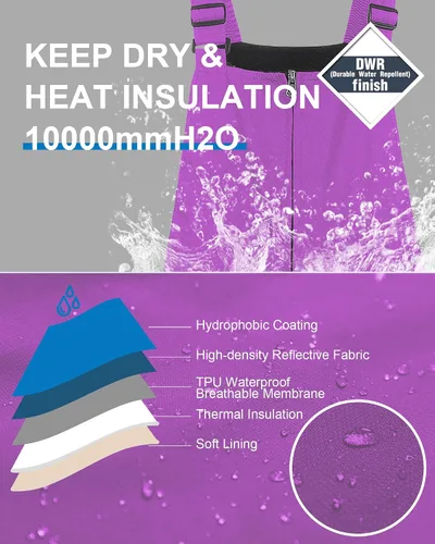 Vista 3 de CREATMO US Baberos de nieve para niñas, pantalones de esquí impermeables con aislamiento para invierno