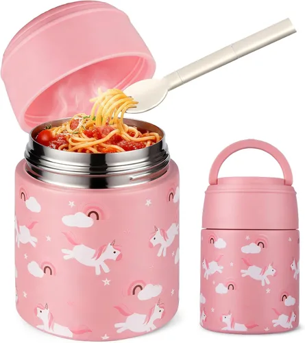 Vista 15 de Termo de sopa de 10 onzas para comida caliente para niños, tarro de comida aislado con cuchara boca ancha, recipiente de almuerzo de acero