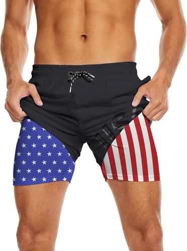 Vista 2 de AUISS Traje de baño para hombre, diseño de calavera con bandera estadounidense, pantalones cortos de natación con bandera de Estados Unidos