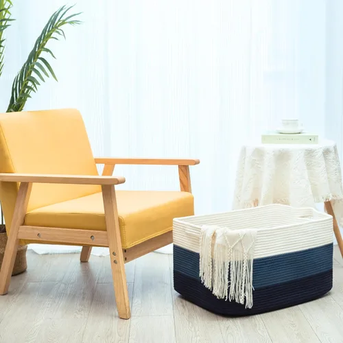 Vista 3 de MINTWOOD Design Canasta de Manta Extra Grande de 22 Pulgadas para Sala de Estar, Canasta de Almacenamiento de Cuerda Tejida Rectangular con Asas