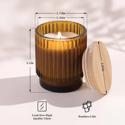 Vista 2 de DEVI Juego de 8 tarros de vela de vidrio acanalado ámbar vacíos de 7 onzas para hacer velas, tarros de vela de vidrio con tapas de bambú