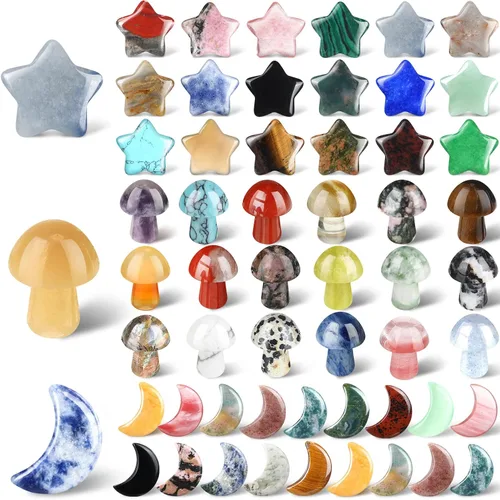 Vista 8 de Nuenen 54 piezas de piedras de preocupación en forma de hongo, luna y estrella, mini piedras para pulgar, decoración de escultura, piedras preciosas