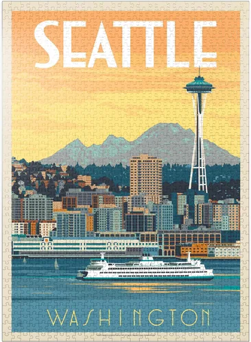 Vista 9 de MyPuzzle Seattle, WA: Ferry, póster vintage, rompecabezas de 100 piezas para adultos
