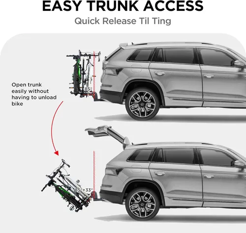 Vista 5 de Young 2 Bike Rack Basculante Montado en Enganche con Pedal Conveniente para Automóviles, SUVs y Camiones, Se Adapta a Enganches de 1.25" y 2