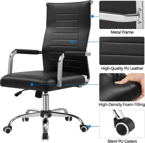 Vista 5 de Yaheetech - Silla de oficina giratoria de piel sintética acanalada, color negro Ribbed PU leather back on a chrome frame fits home offices and