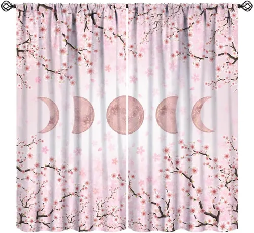 Vista 21 de Cortinas retro de luna, bosque mágico con hojas iluminadas por la luna, cortinas de plantas, diseño gótico floral de cielo estrellado para ventana