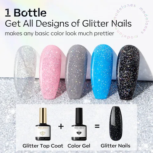 Vista 3 de Modelones Esmalte de uñas en gel con purpurina, brillo plateado reflectante, mix de purpurina brillante, gel transparente con destellos de confeti