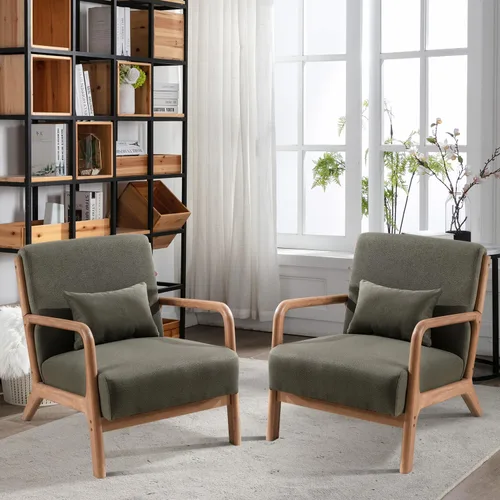 Vista 8 de INZOY Silla con acento moderno de mediados de siglo con marco de madera, sillas tapizadas para sala de estar con cojín lumbar, silla de lectura