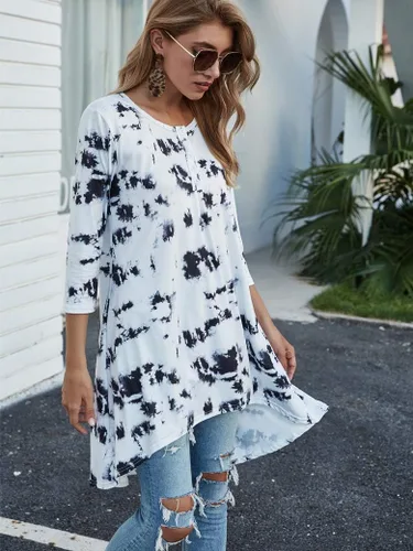 Vista 3 de Naggoo - Camiseta de manga 34 para mujer, diseño holgado y largo tipo túnica con cuello en V, botones, dobladillo asimétrico, casual, tallas S a 3XL