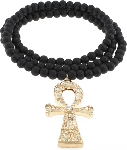 Vista 3 de Ankh con diamantes de imitación grandes cuentas de madera de color dorado en collar de 36.0 in