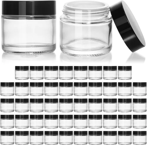 Vista 8 de KEYWING Tarros de vidrio pequeños de 2 onzas con tapas negras, paquete de 48 frascos cosméticos de vidrio ámbar, recipiente redondo vacío de muestra