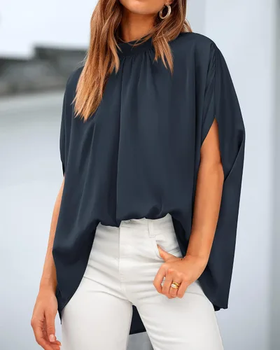 Vista 131 de BTFBM Blusas de verano para mujer, cuello alto falso, manga murciélago, holgadas, dobladillo alto y bajo, blusas informales de gran