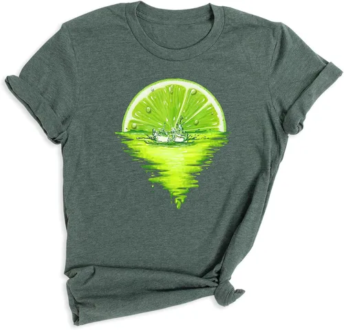 Vista 4 de Camiseta de verano con frutas de limón y puesta de sol, divertido diseño tropical retro, camiseta unisex de manga corta, camisa de hola verano