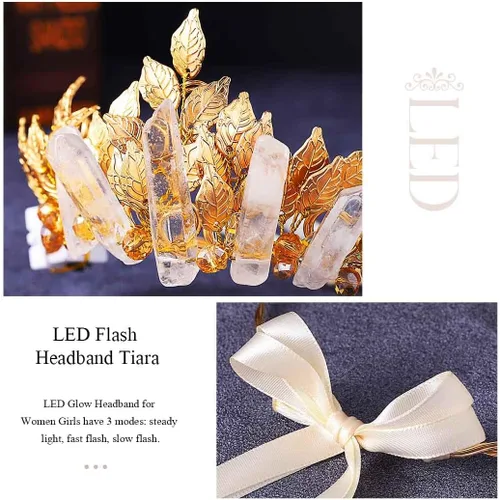 Vista 6 de Yean Diadema con luces LED doradas, corona y hojas de hadas, para mujer