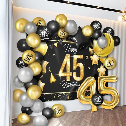 Vista 10 de Juego de globos dorados de feliz cumpleaños número 10 – Saludos a los 10 años de edad, guirnalda temática de fiesta con estrellas y luna, decoración