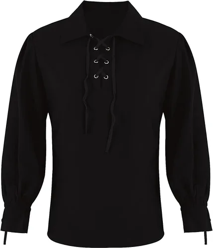 Vista 6 de Camisa de pirata medieval para hombre, vikingo, renacentista, con cordones, mercenario, Halloween, jacobita escocés, ghillie